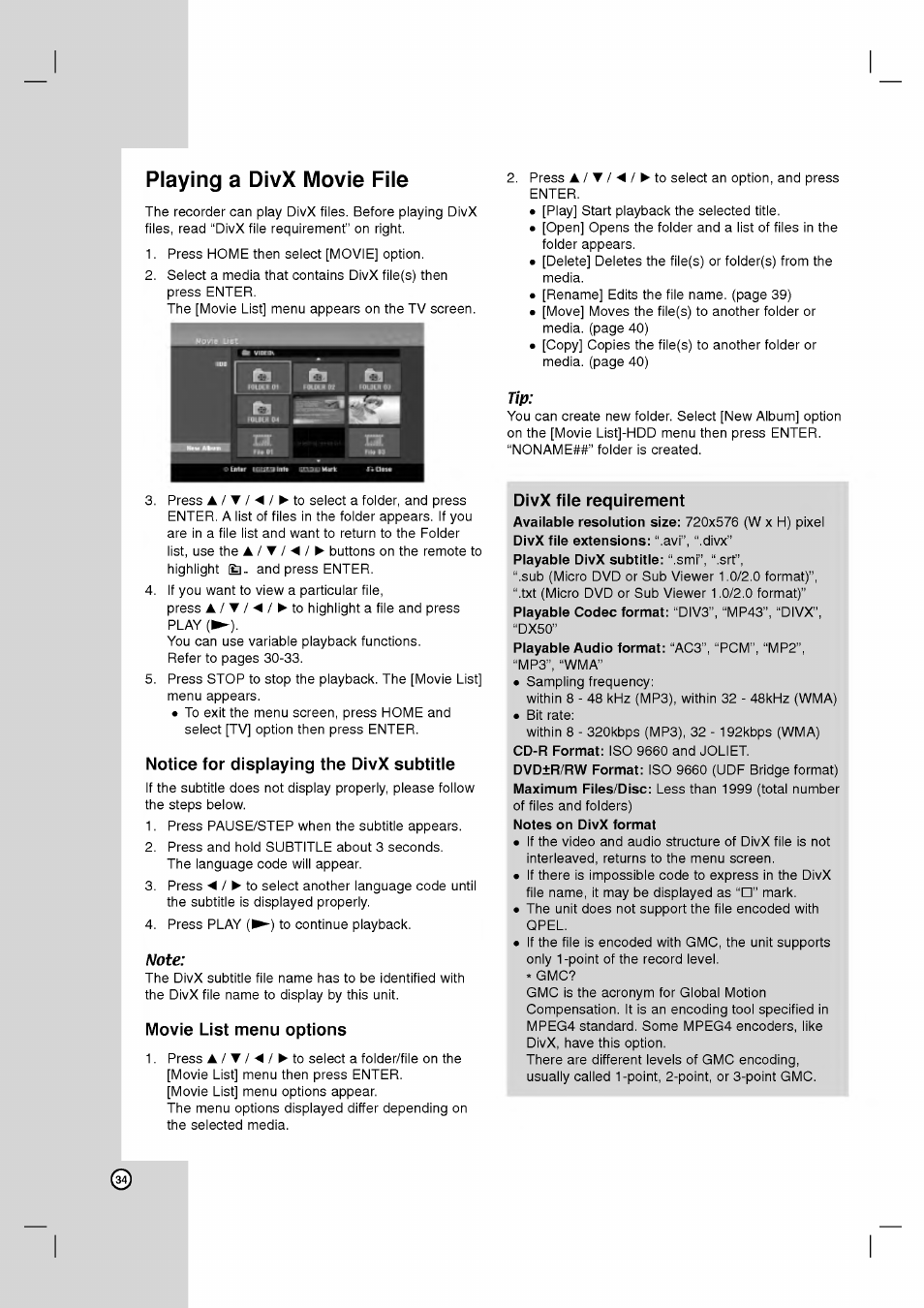 Playing a divx movie file, Notice for displaying the divx subtitle, Note | Movie list menu options, Divx fiie requirement | LG RH2T160 User Manual | Page 34 / 41