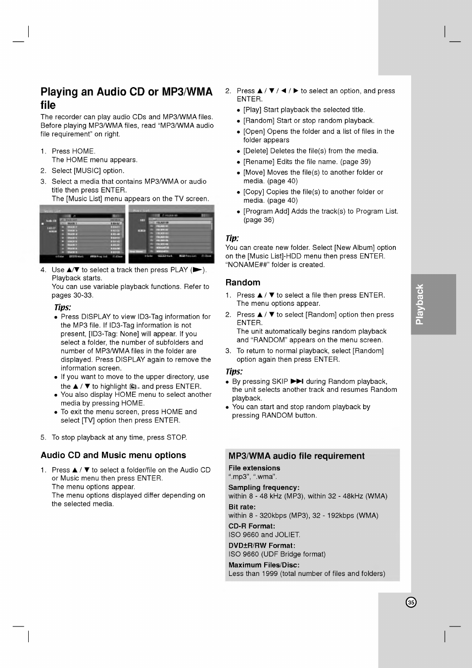 Playing an audio cd or mp3/wma file, Tips, Audio cd and music menu options | Random, Mp3/wma audio file requirement, File extensions, Dvd±r/rw format, Maximum files/disc, Playing an audio cd or mp3a/\/ma file | LG RH2T160 User Manual | Page 35 / 41