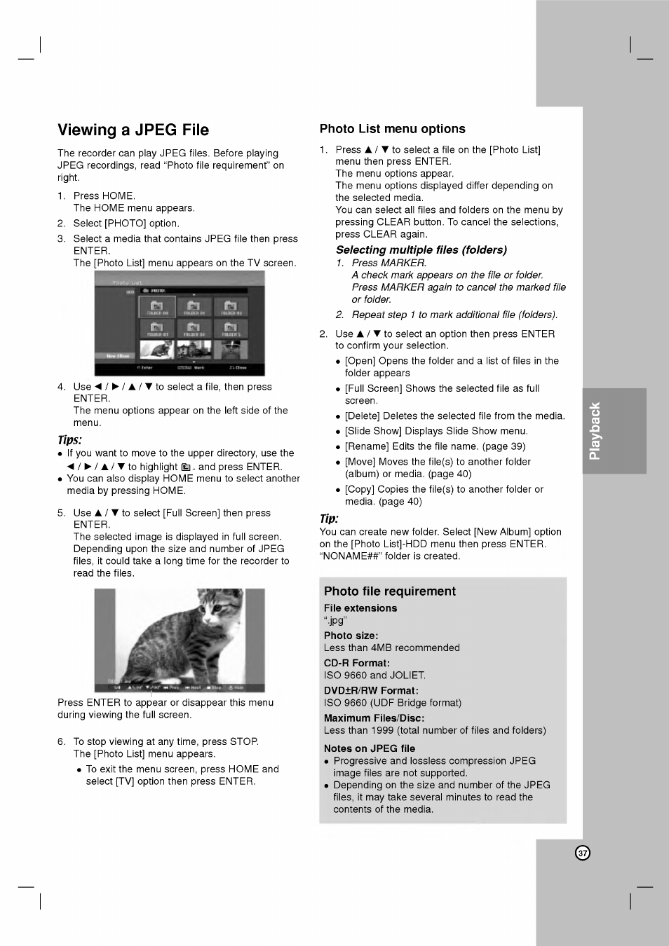 Tips, Photo file requirement, File extensions | Dvd±r/rw format, Maximum files/disc, Viewing a jpeg fiie | LG RH2T160 User Manual | Page 37 / 41