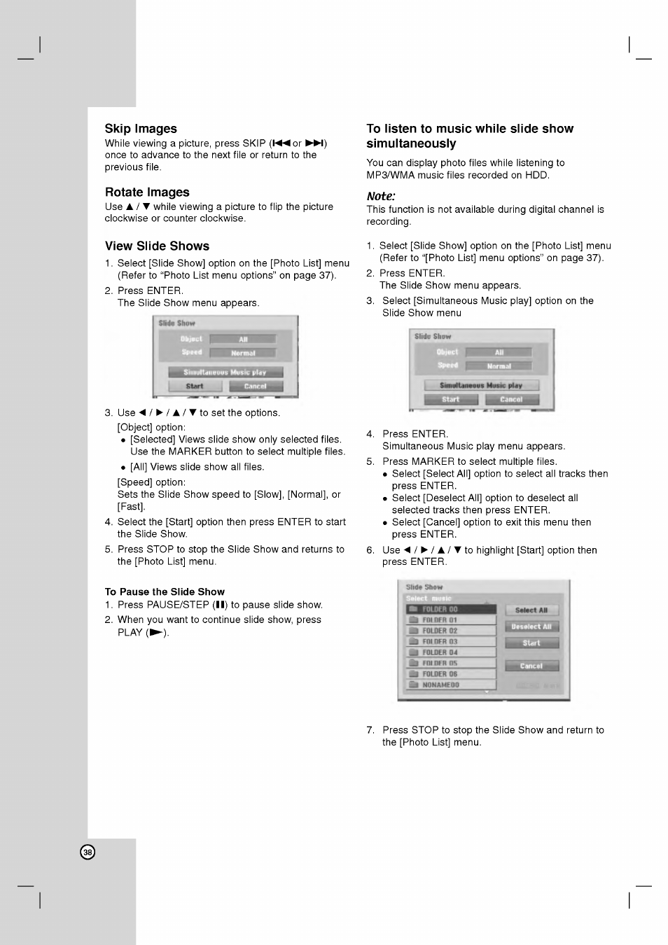 Skip images, Rotate images, View slide shows | To pause the slide show, To listen to music while slide show simultaneously, Note | LG RH2T160 User Manual | Page 38 / 41