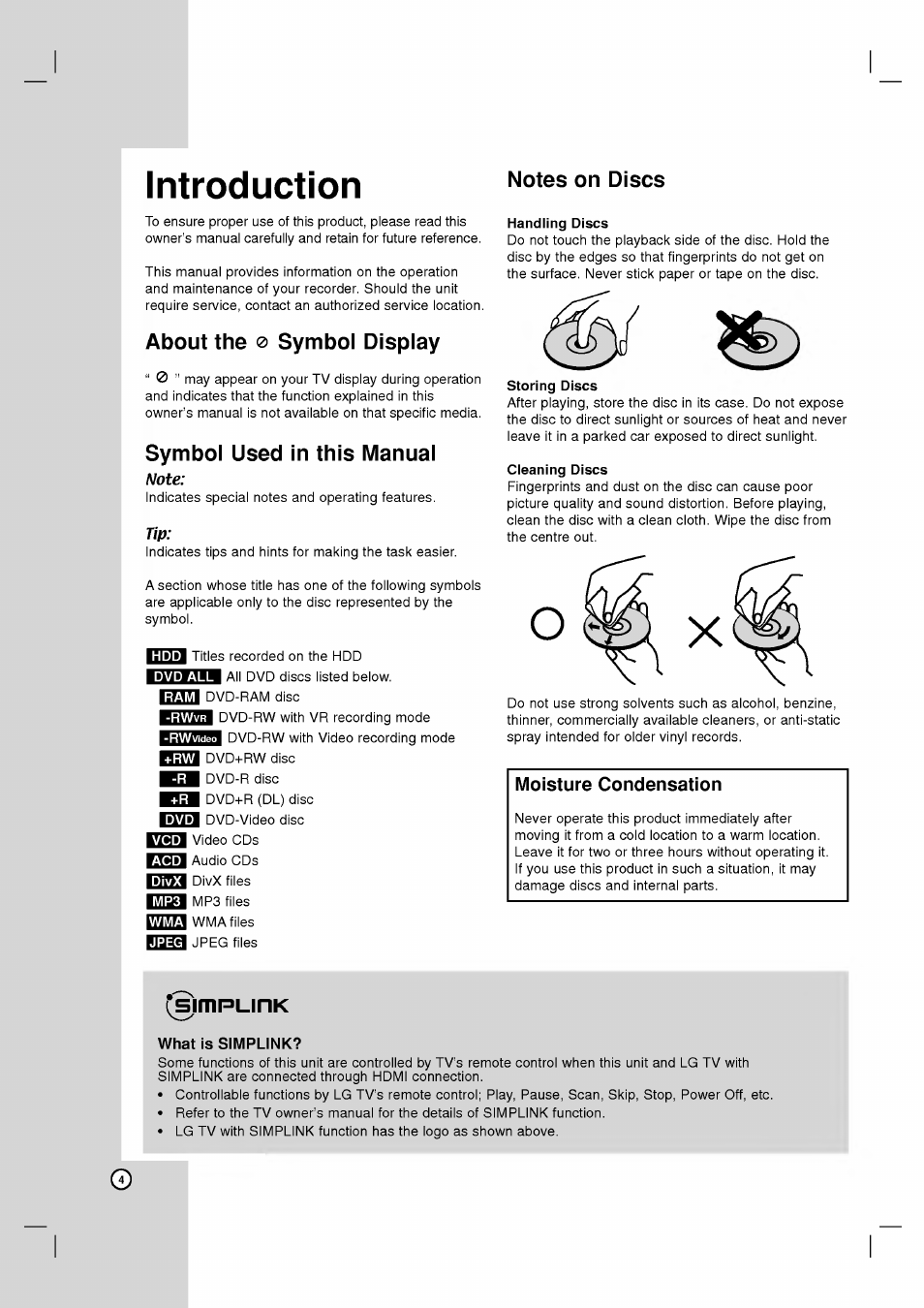 Introduction, About the 0 symbol display, Symbol used in this manual | Note, Notes on discs, Handling discs, Storing discs, Cleaning discs, Introduction -9, About the | LG RH2T160 User Manual | Page 4 / 41