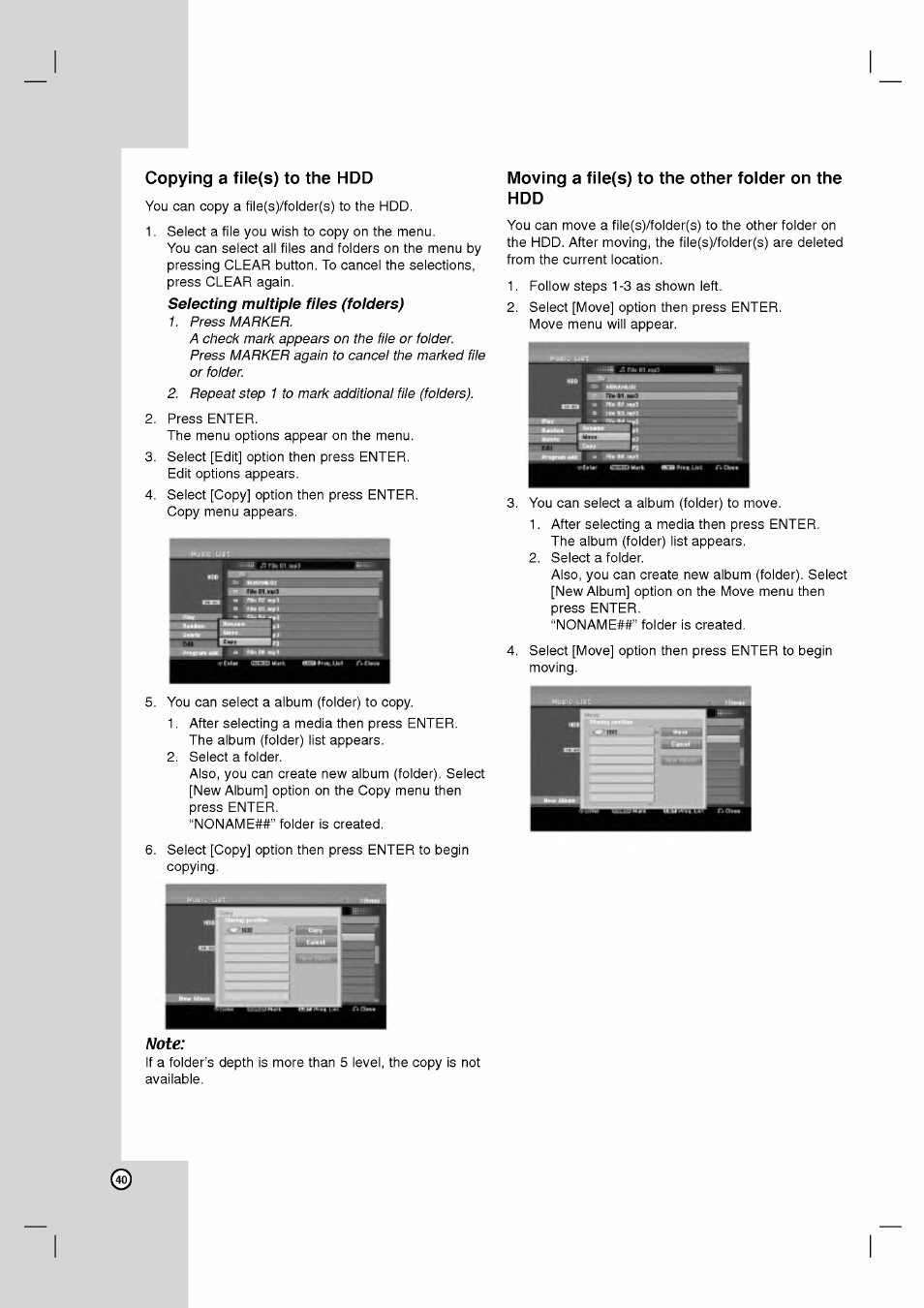 Note, Moving a fiie(s) to the other foider on the hdd | LG RH2T160 User Manual | Page 40 / 41