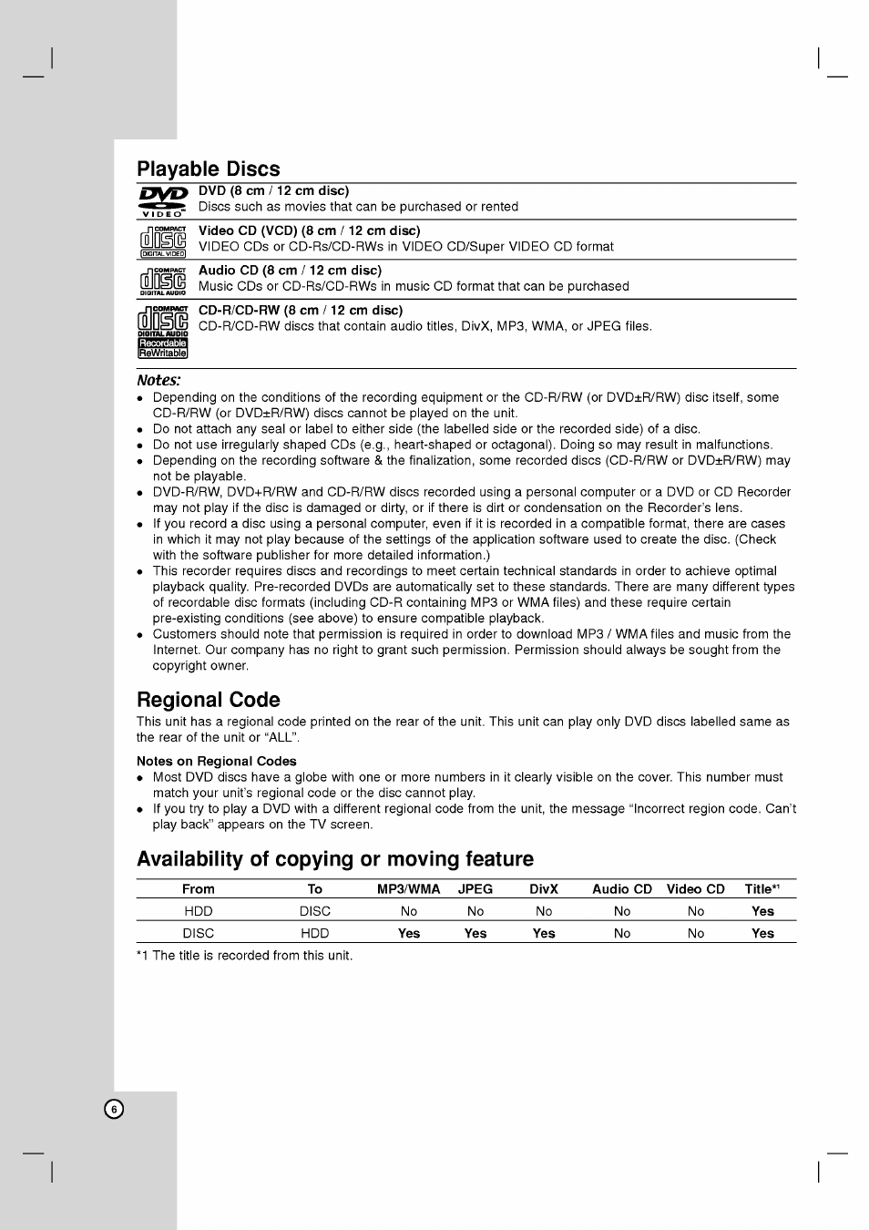 Playable discs, Notes, Regional code | Availability of copying or moving feature, Playable discs regional code | LG RH2T160 User Manual | Page 6 / 41