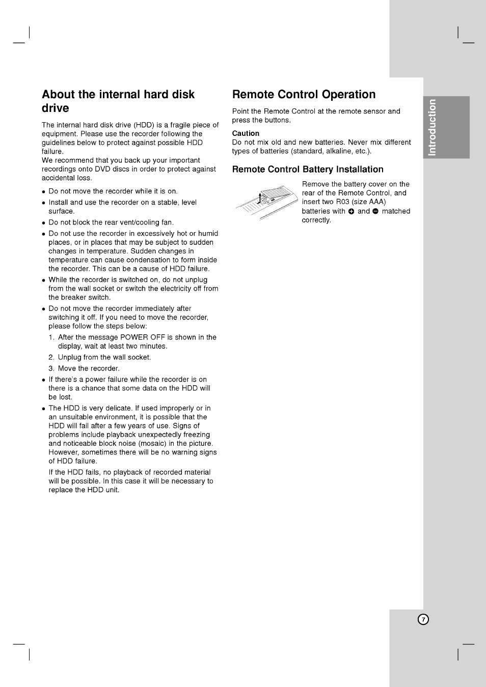 About the internal hard disk drive, Remote control operation, Caution | Remote control battery installation | LG RH2T160 User Manual | Page 7 / 41