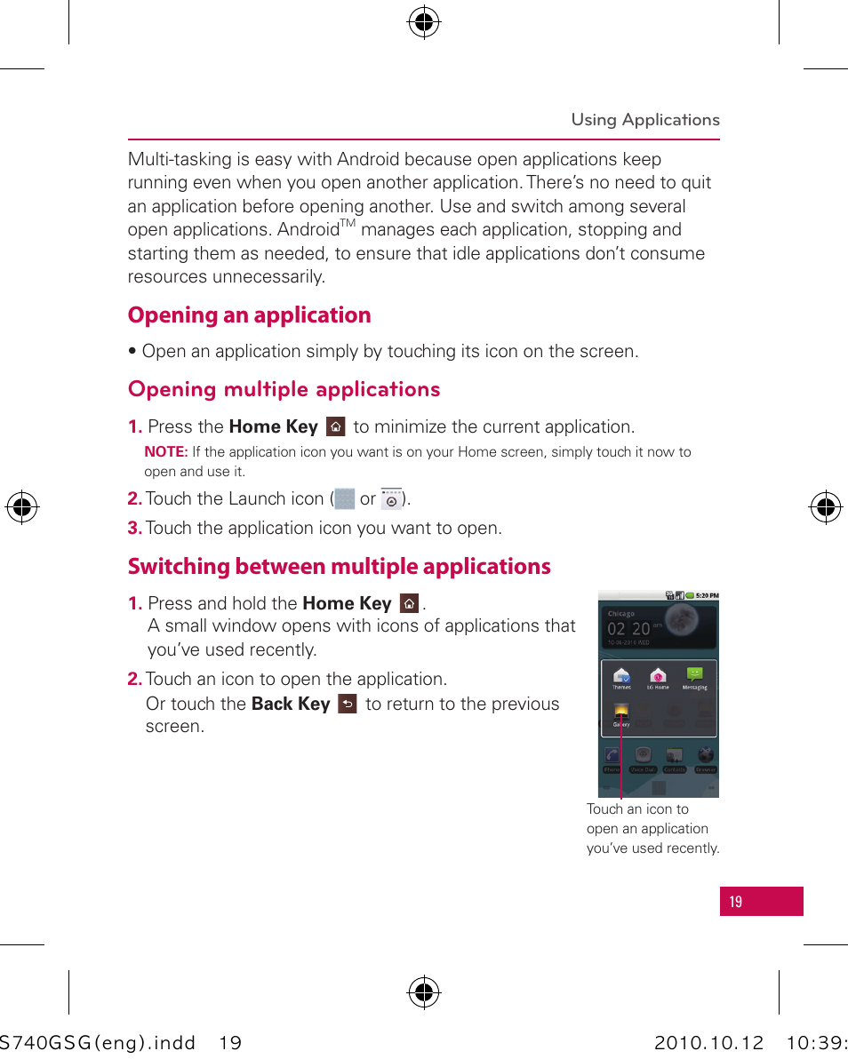 Opening an application, Opening multiple applications, Switching between multiple applications | LG Apex User Manual | Page 22 / 80