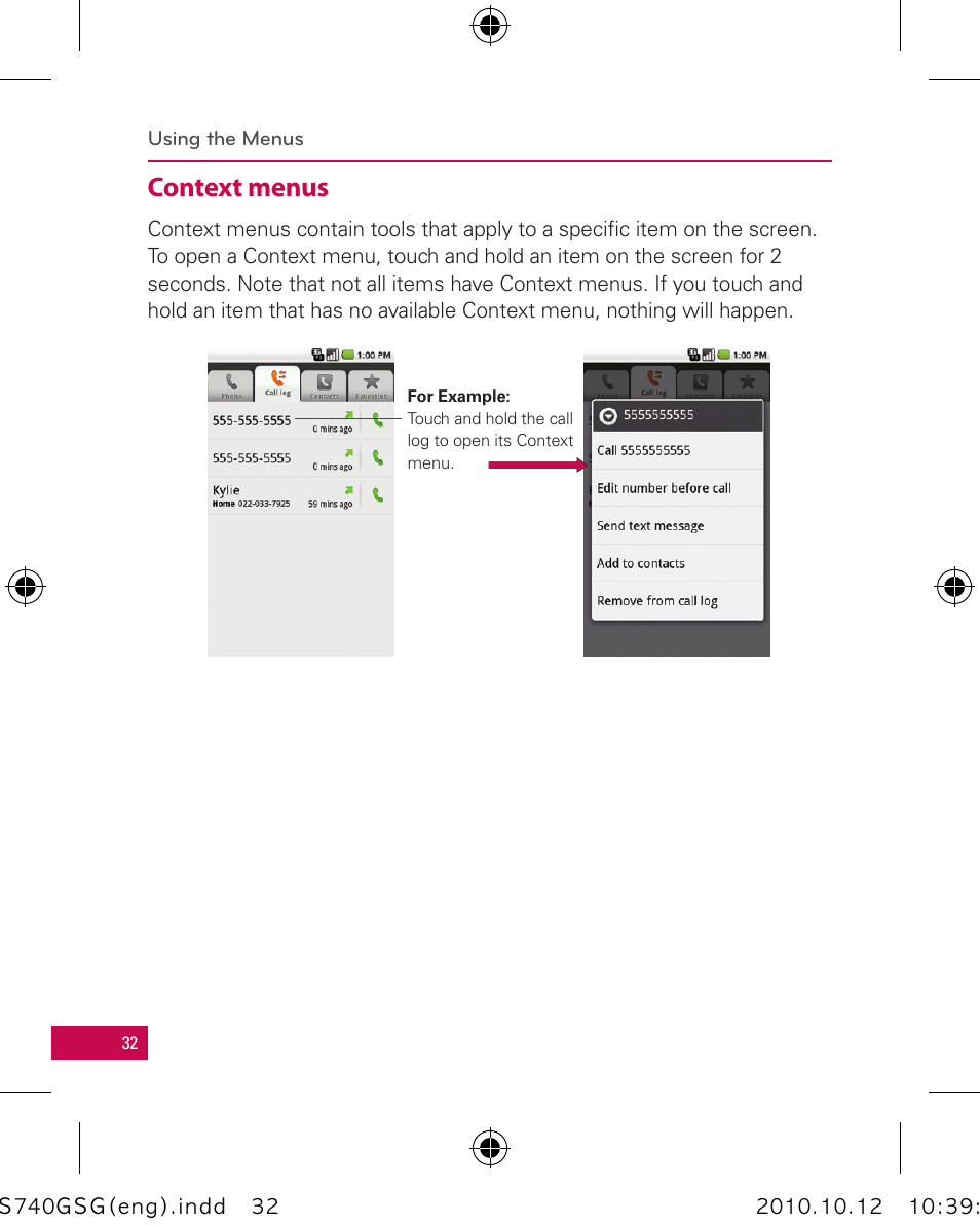 Context menus | LG Apex User Manual | Page 35 / 80