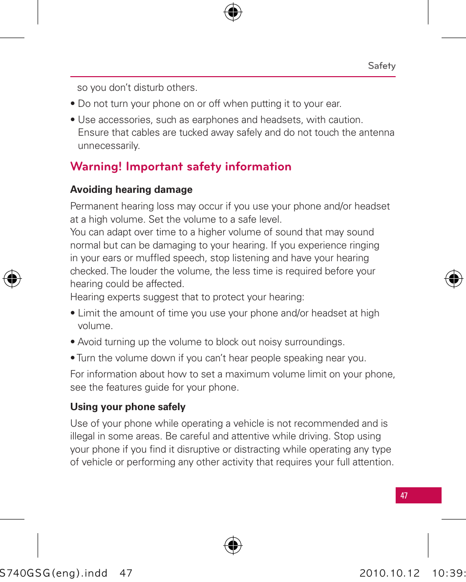 Warning! important safety information | LG Apex User Manual | Page 50 / 80