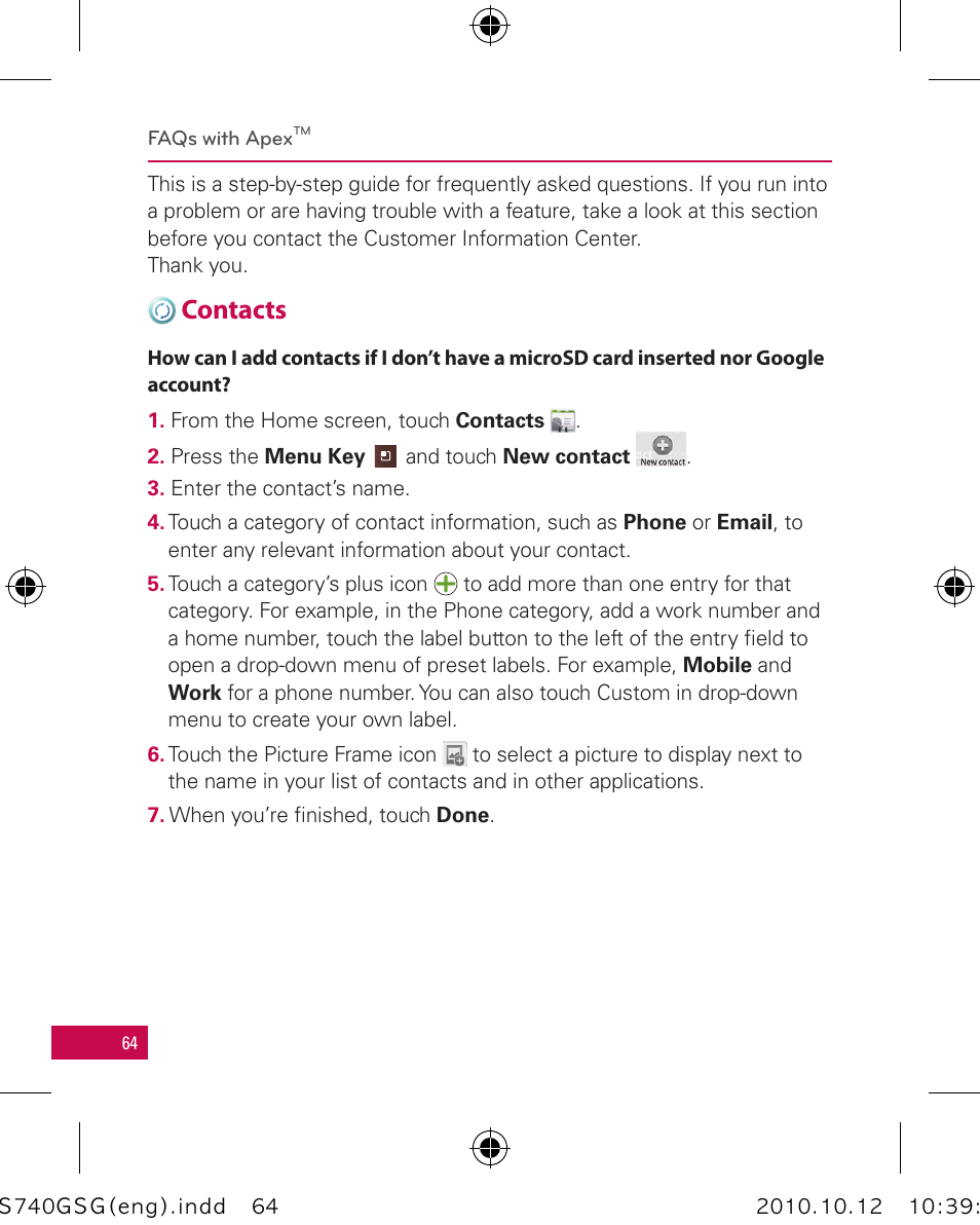 Contacts | LG Apex User Manual | Page 67 / 80