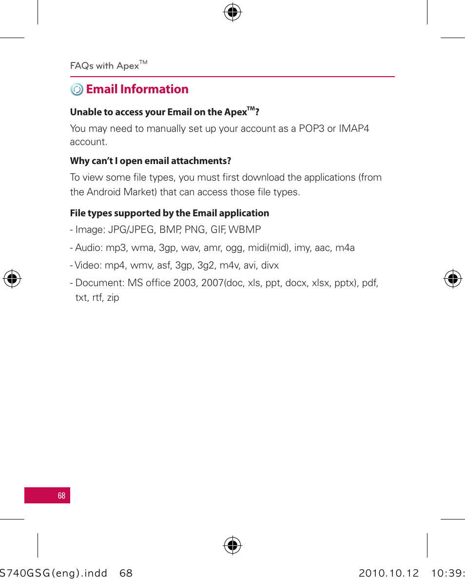 Email information, Faqs with ally | LG Apex User Manual | Page 71 / 80