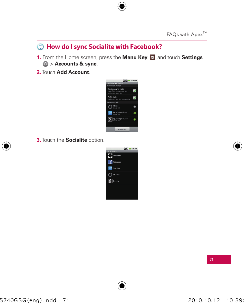 How do i sync socialite with facebook | LG Apex User Manual | Page 74 / 80