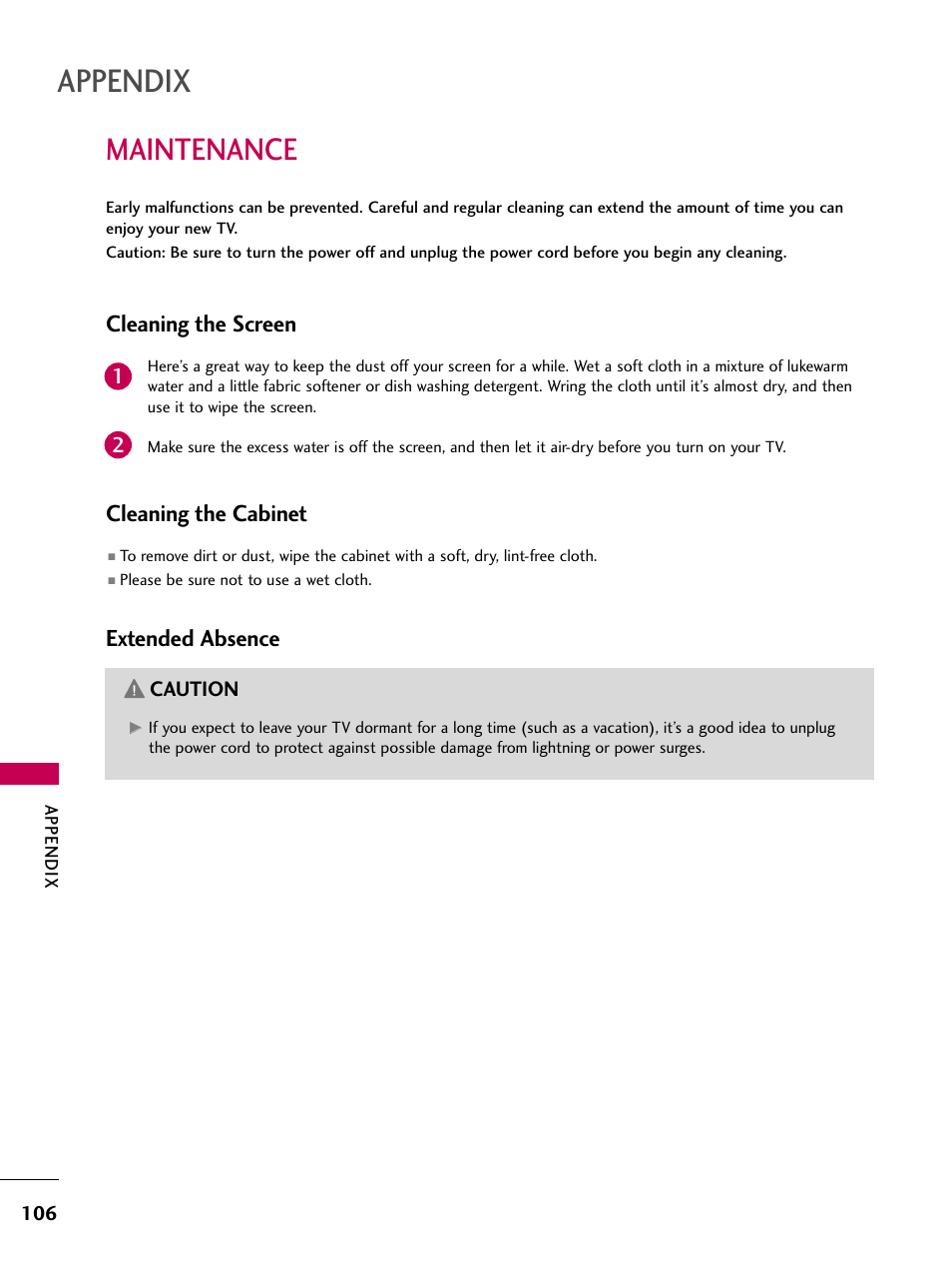 Maintenance, Appendix, Cleaning the screen | Cleaning the cabinet, Extended absence | LG 26LH200C User Manual | Page 106 / 130