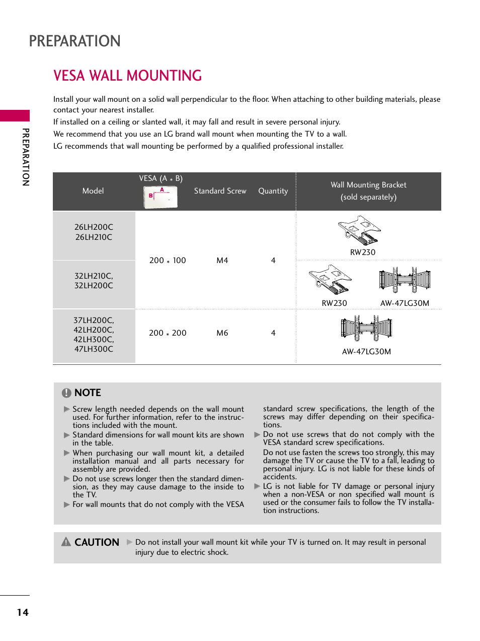 Vesa wall mounting, Preparation, Caution | LG 26LH200C User Manual | Page 14 / 130