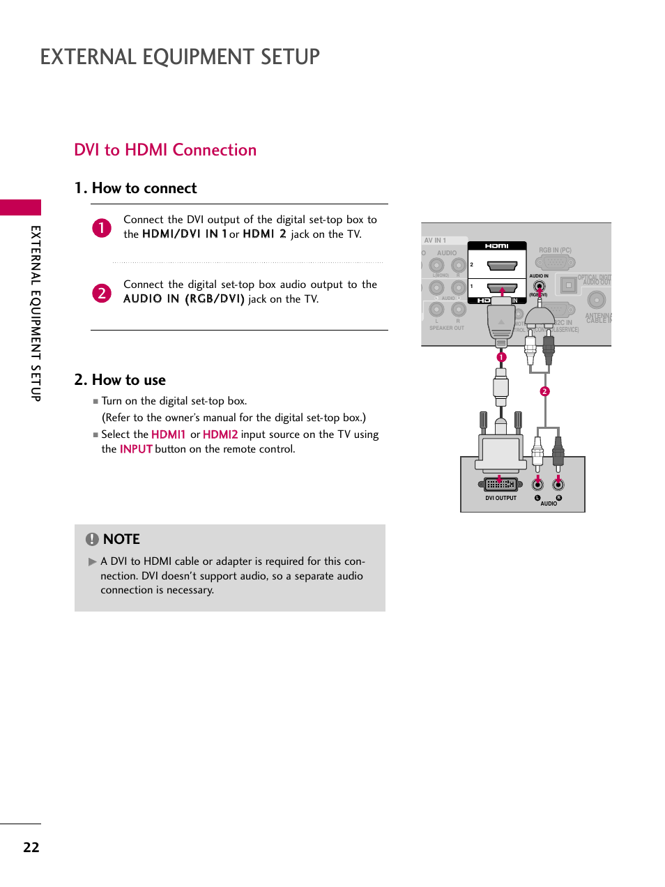 Dvi to hdmi connection, External equipment setup, How to connect 2. how to use | External eq uipment setup | LG 26LH200C User Manual | Page 22 / 130