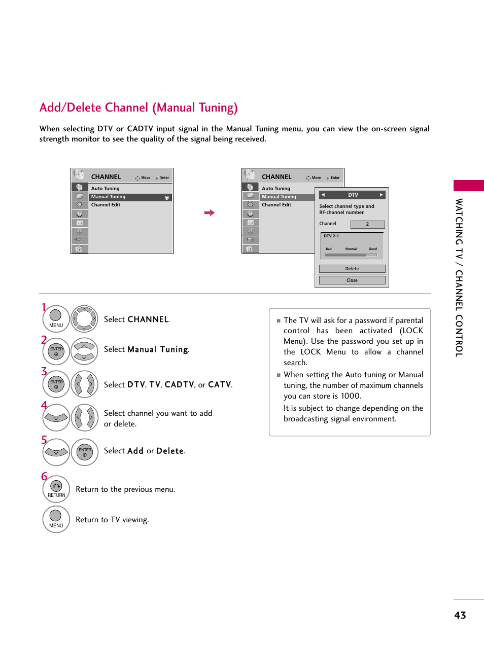 Add/delete channel (manual tuning), Watching tv / channel contr ol | LG 26LH200C User Manual | Page 43 / 130