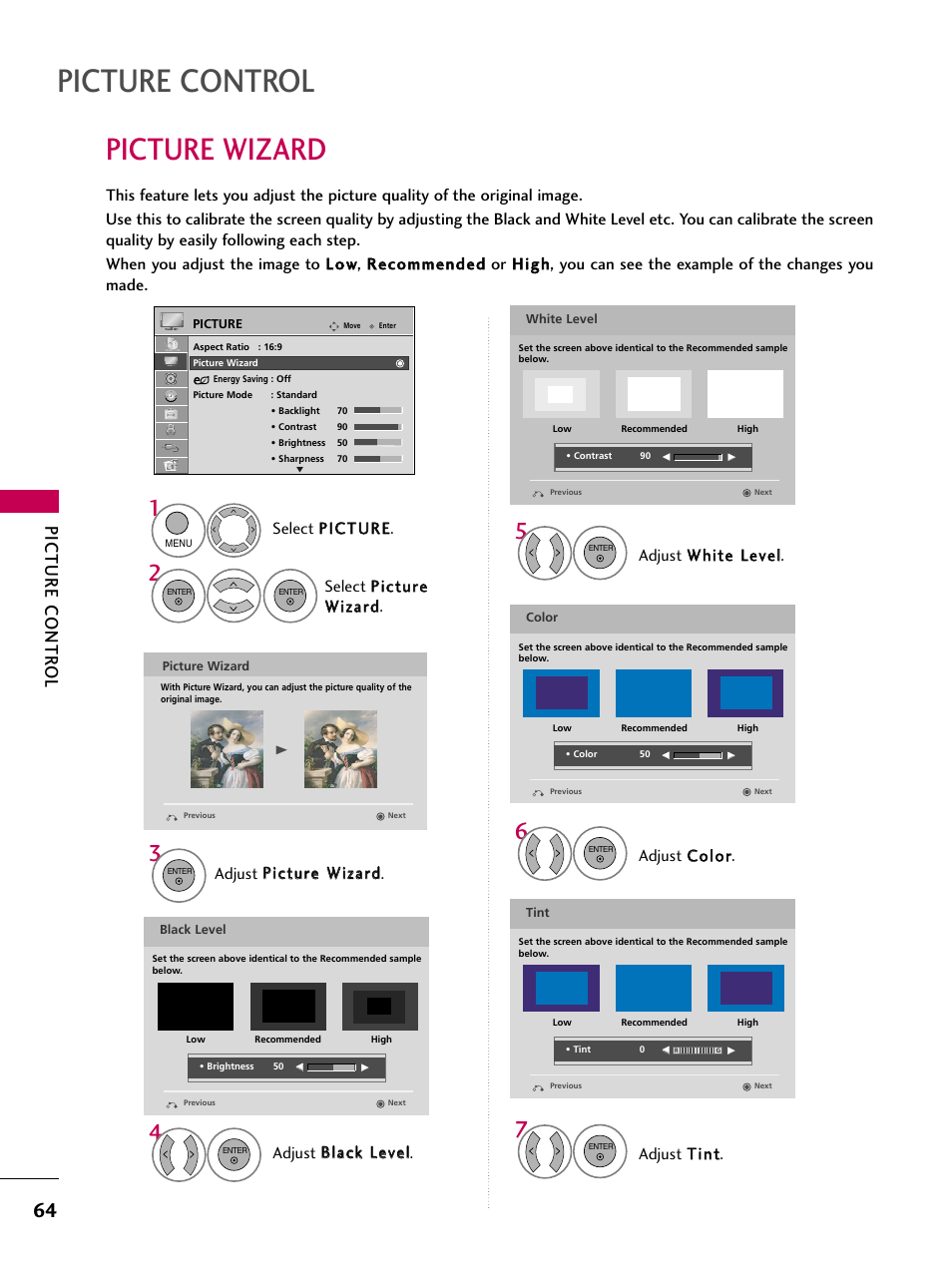 Picture wizard, Picture control, Picture contr ol | Adjust b bllaacckk lleevveell, Adjust c co ollo orr, Adjust t tiinntt | LG 26LH200C User Manual | Page 64 / 130