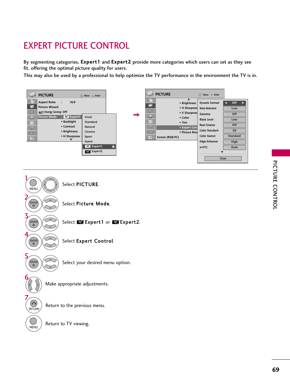 Expert picture control, Picture contr ol, Make appropriate adjustments | Return to the previous menu | LG 26LH200C User Manual | Page 69 / 130