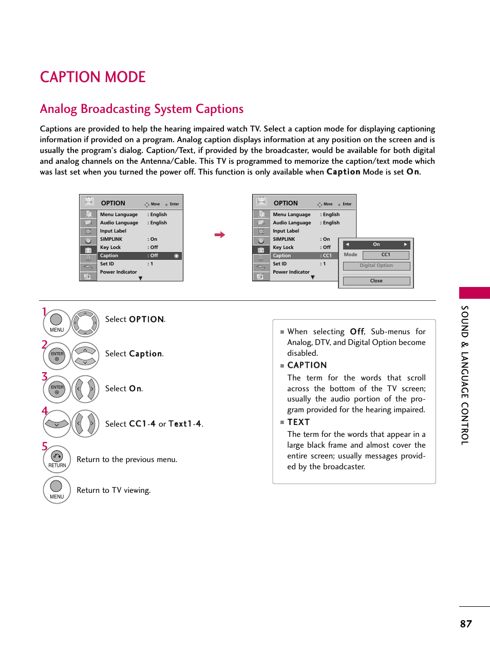 Caption mode, Analog broadcasting system captions, Sound & langu a ge contr ol | LG 26LH200C User Manual | Page 87 / 130