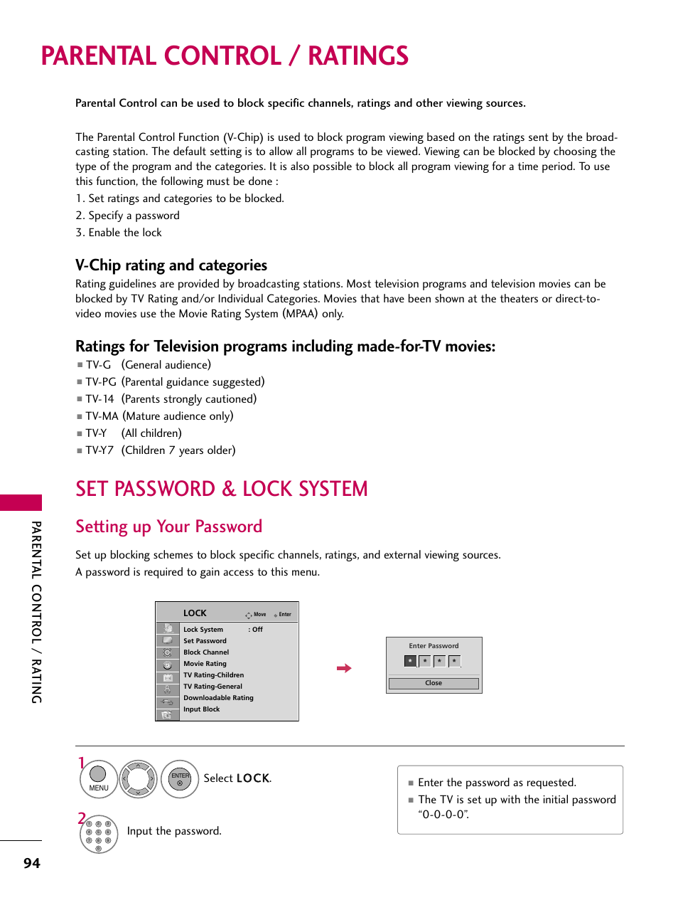 Parental control / ratings, Set password & lock system, Setting up your password | V-chip rating and categories, Parent al contr ol / r ating | LG 26LH200C User Manual | Page 94 / 130