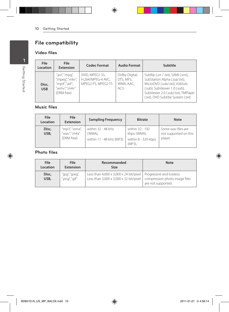 File compatibility, Video files, Music files | Photo files | LG NETWORK BLU-RAY DISC BD640 User Manual | Page 10 / 60