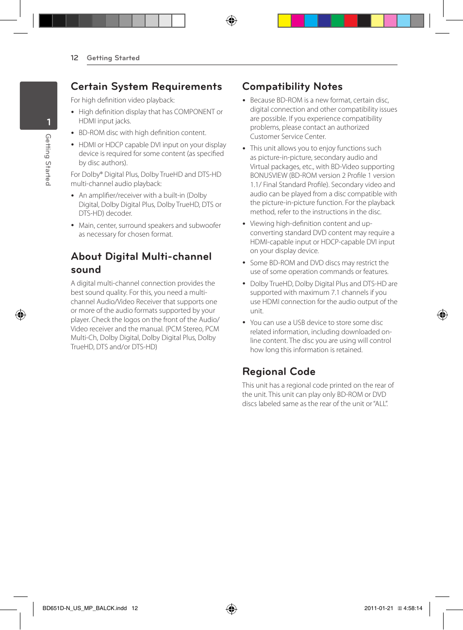 Certain system requirements, About digital multi-channel sound, Regional code | LG NETWORK BLU-RAY DISC BD640 User Manual | Page 12 / 60