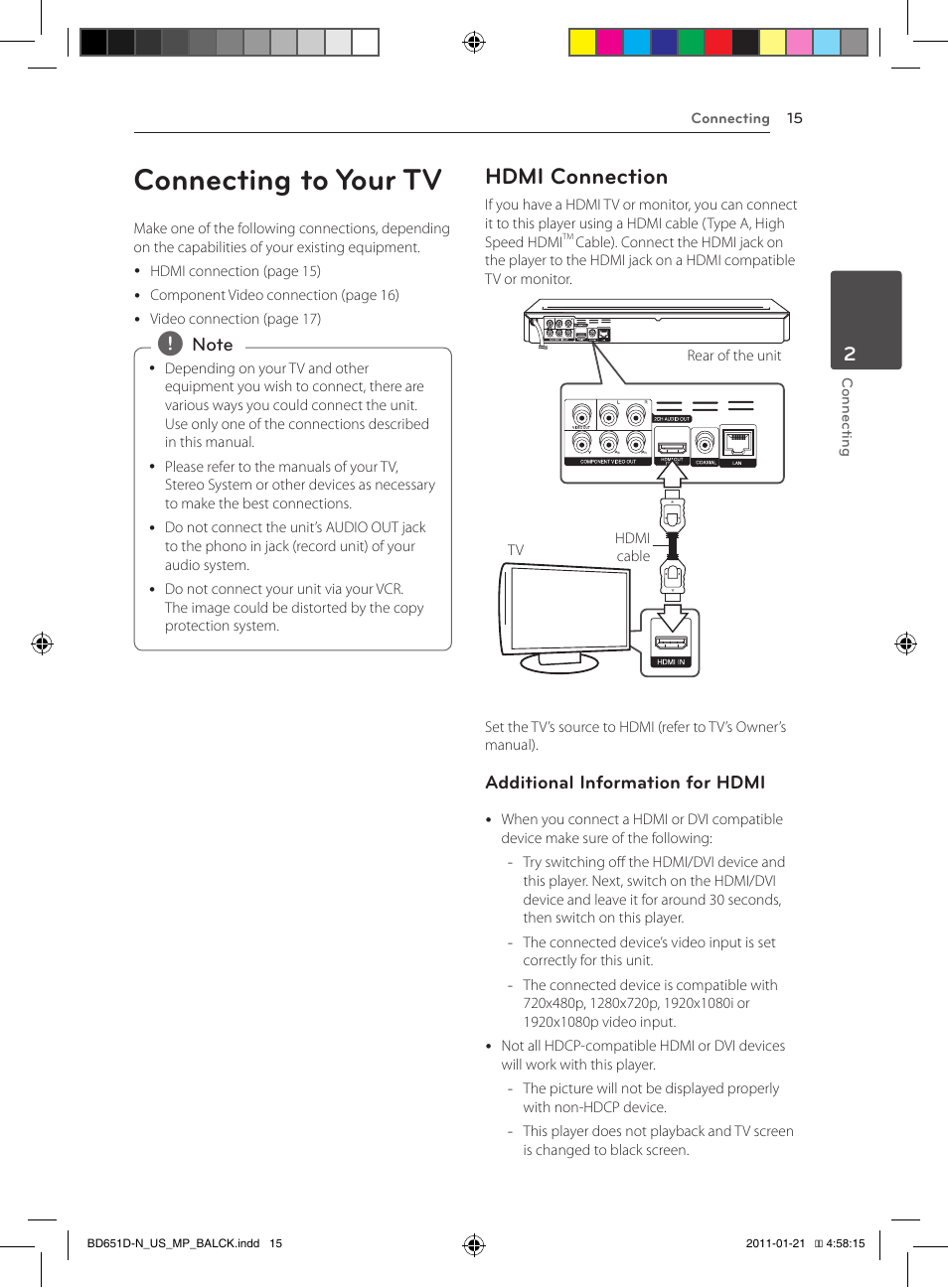 Connecting to your tv, Hdmi connection | LG NETWORK BLU-RAY DISC BD640 User Manual | Page 15 / 60