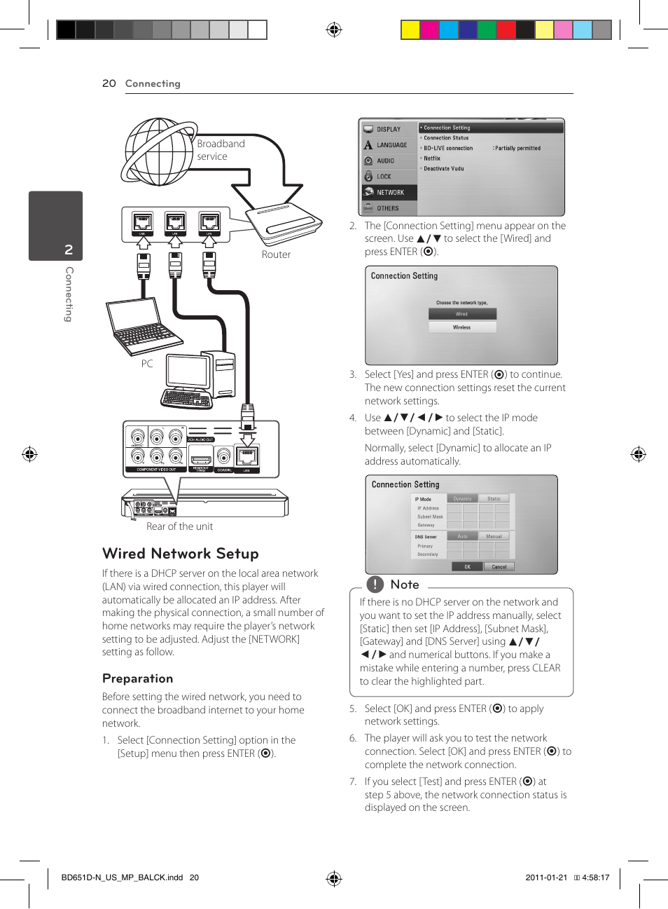 Wired network setup | LG NETWORK BLU-RAY DISC BD640 User Manual | Page 20 / 60