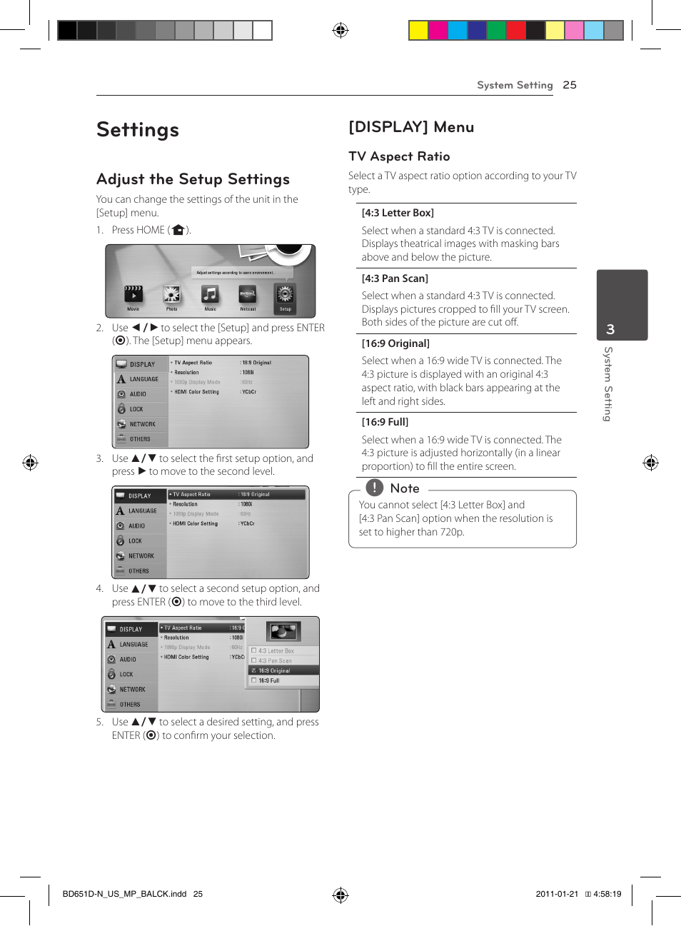 Settings, Adjust the setup settings, Display] menu | LG NETWORK BLU-RAY DISC BD640 User Manual | Page 25 / 60