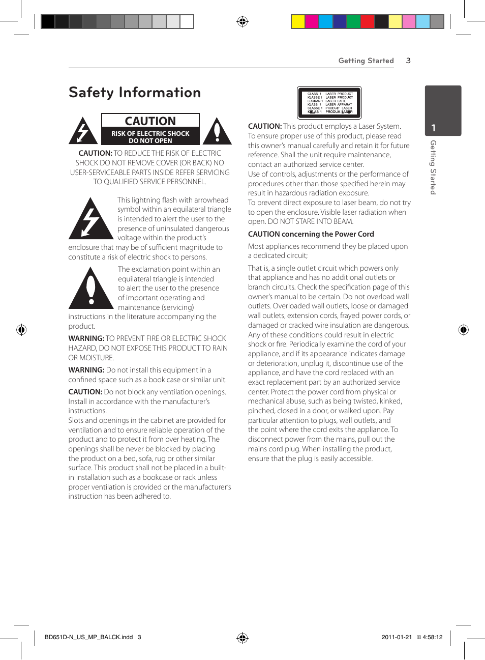 Safety information, Caution | LG NETWORK BLU-RAY DISC BD640 User Manual | Page 3 / 60