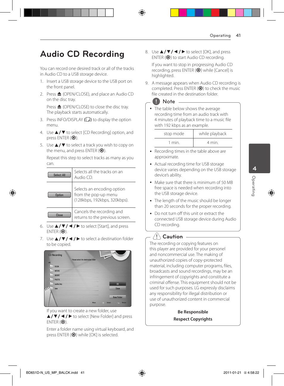 Audio cd recording | LG NETWORK BLU-RAY DISC BD640 User Manual | Page 41 / 60