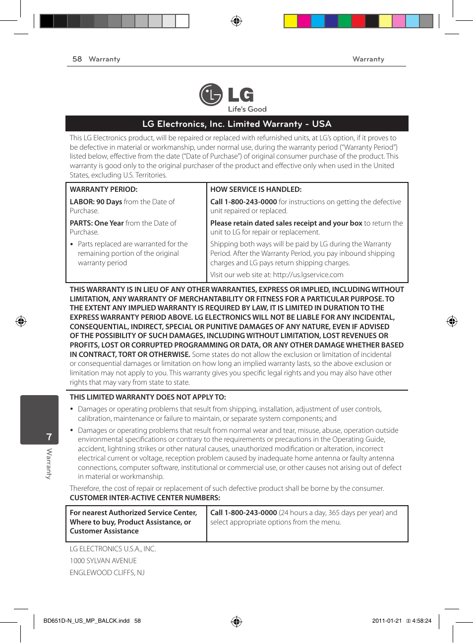 Limited warranty, Lg electronics, inc. limited warranty - usa | LG NETWORK BLU-RAY DISC BD640 User Manual | Page 58 / 60