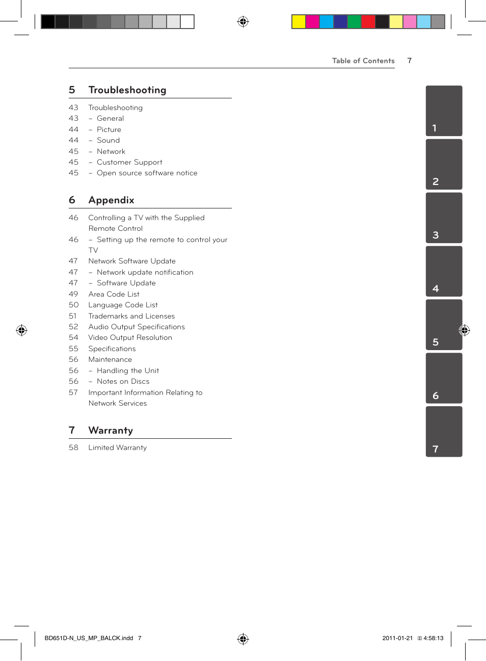 5 troubleshooting, 6 appendix, 7 warranty | LG NETWORK BLU-RAY DISC BD640 User Manual | Page 7 / 60