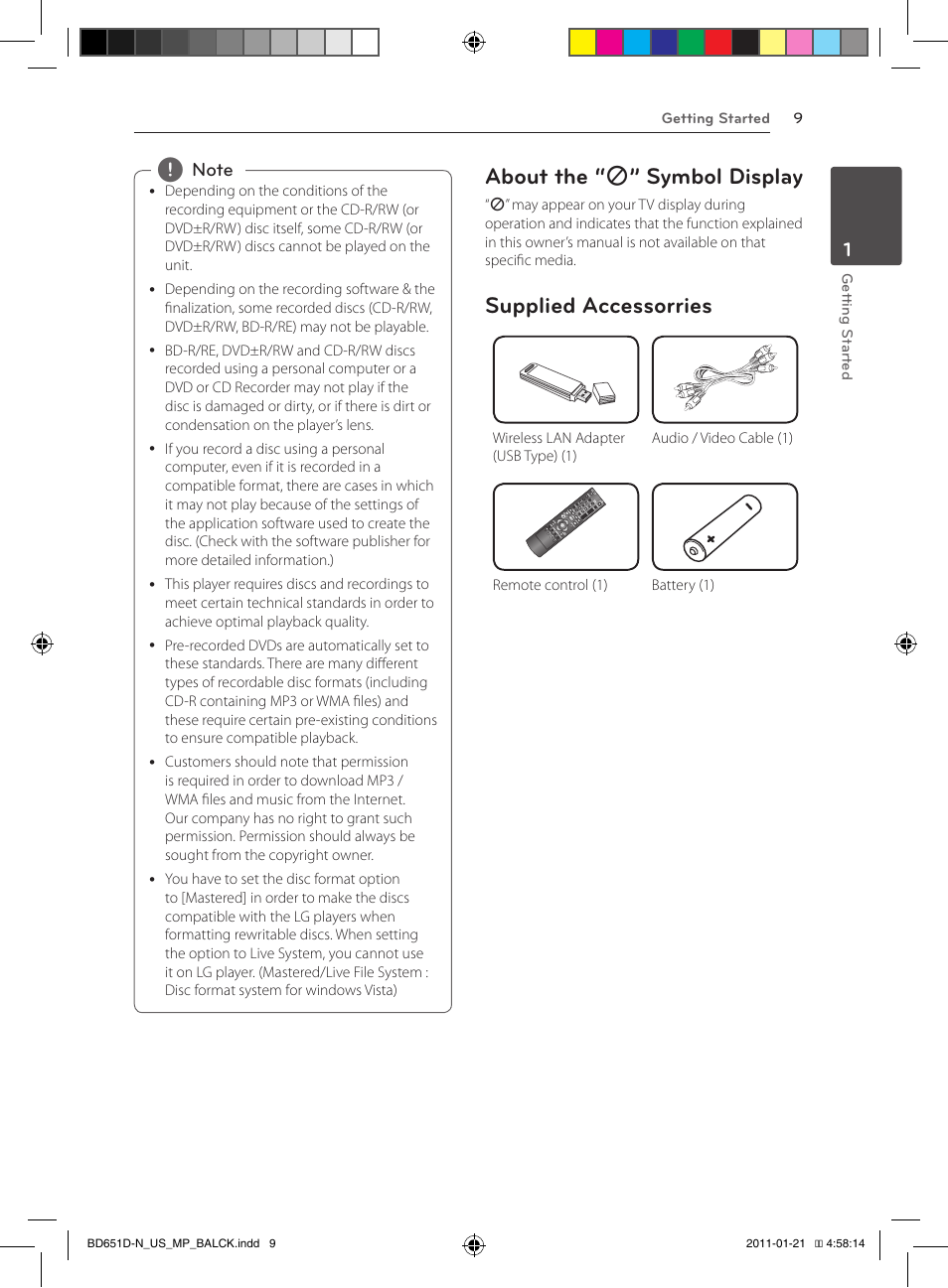 About the “ 7 ” symbol display, Supplied accessorries | LG NETWORK BLU-RAY DISC BD640 User Manual | Page 9 / 60