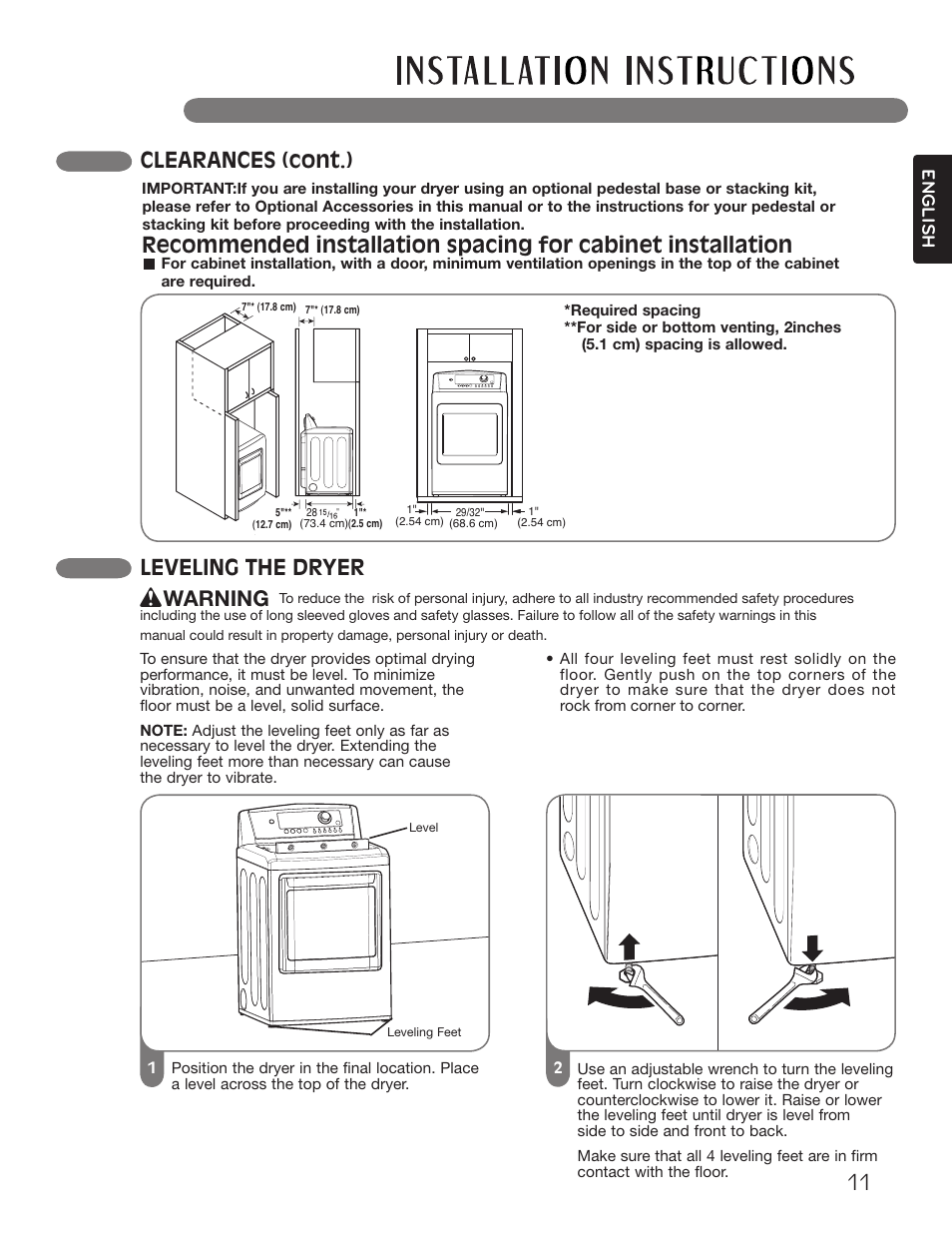 Leveling the dryer, Warning, Clearances (cont.) | LG Dryer MFL62512805 User Manual | Page 11 / 41