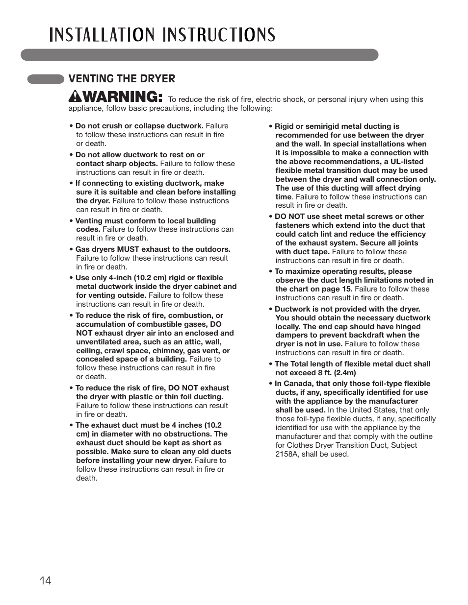 Wwarning, Venting the dryer | LG Dryer MFL62512805 User Manual | Page 14 / 41