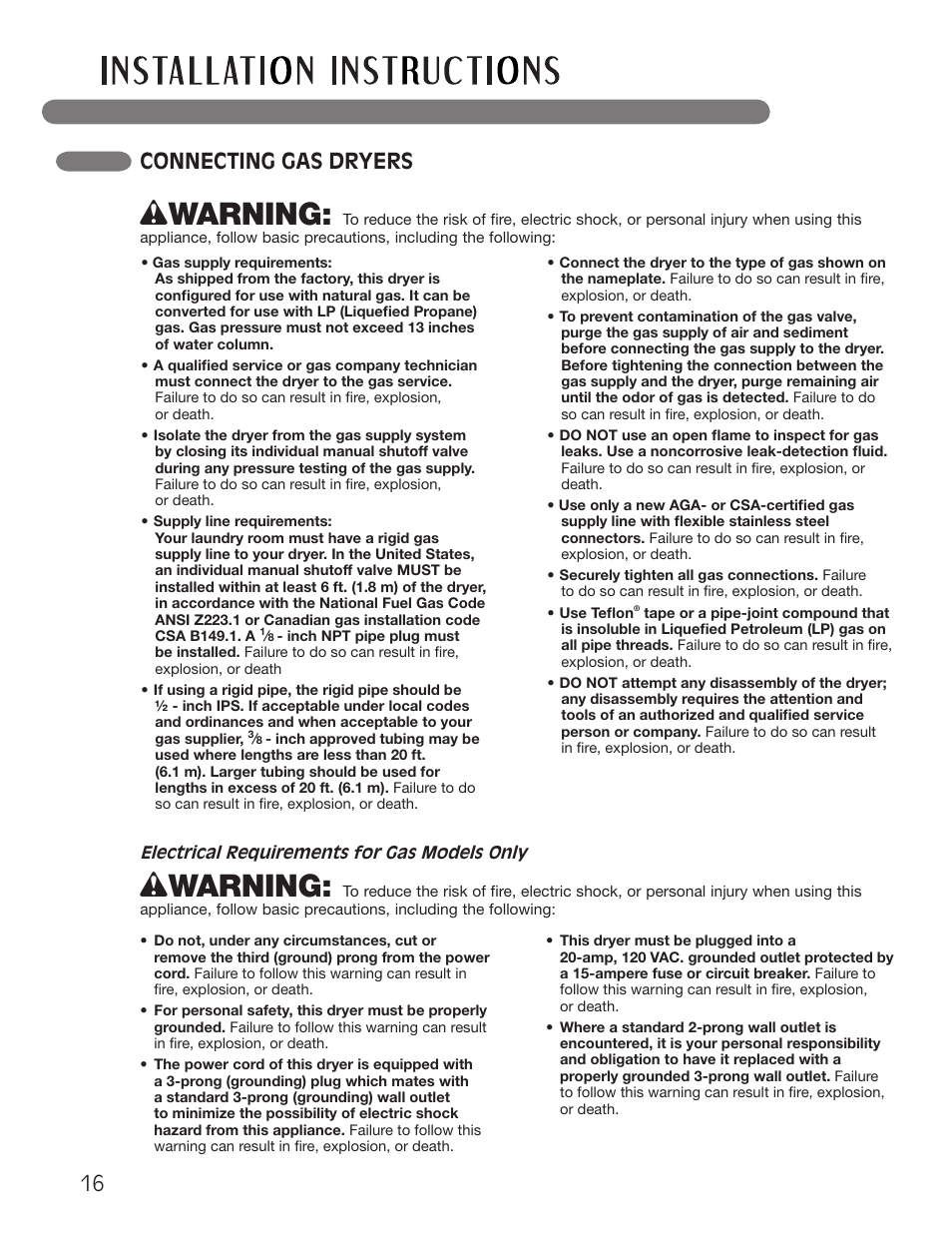 Wwarning, 16 connecting gas dryers | LG Dryer MFL62512805 User Manual | Page 16 / 41