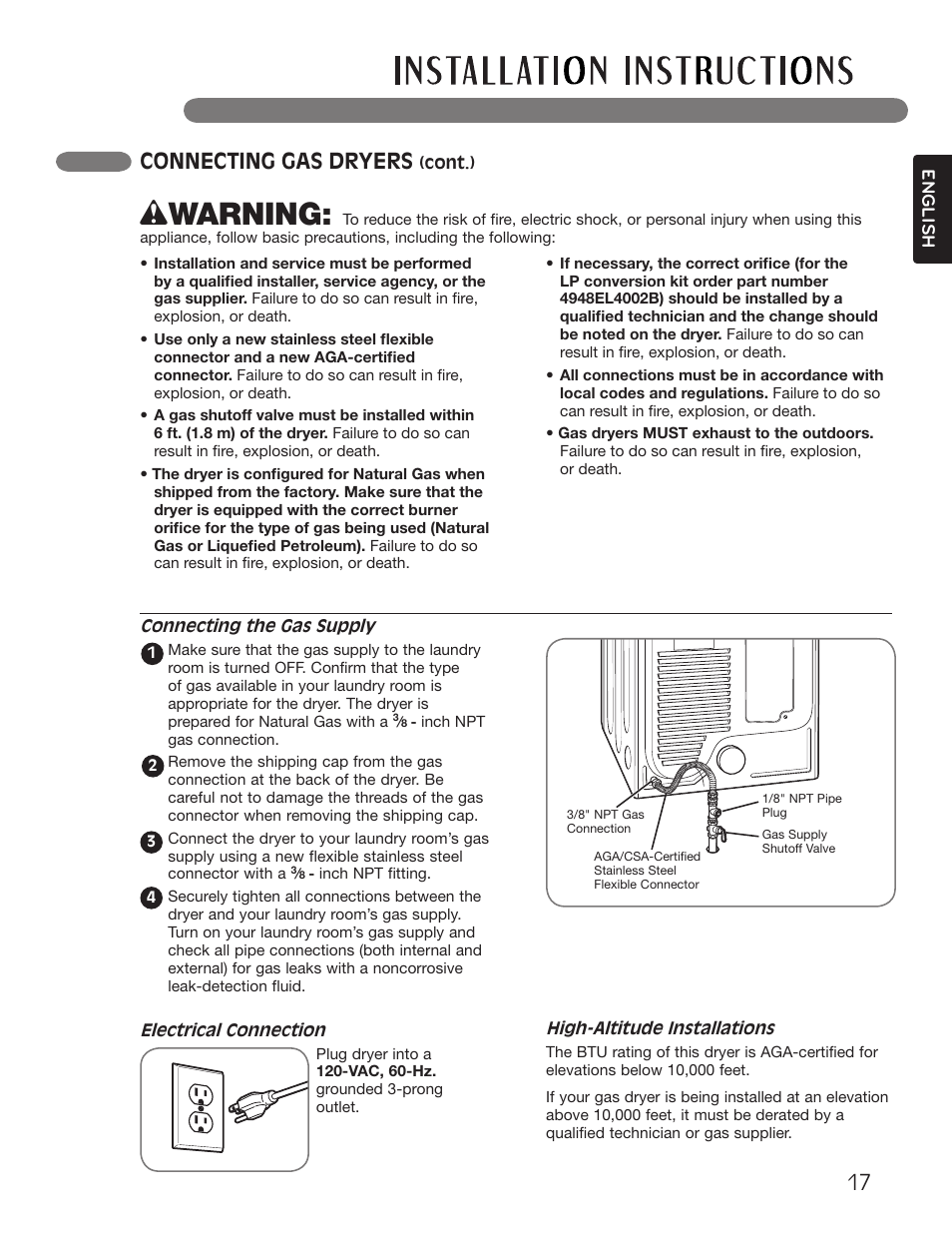 Wwarning, Connecting gas dryers | LG Dryer MFL62512805 User Manual | Page 17 / 41
