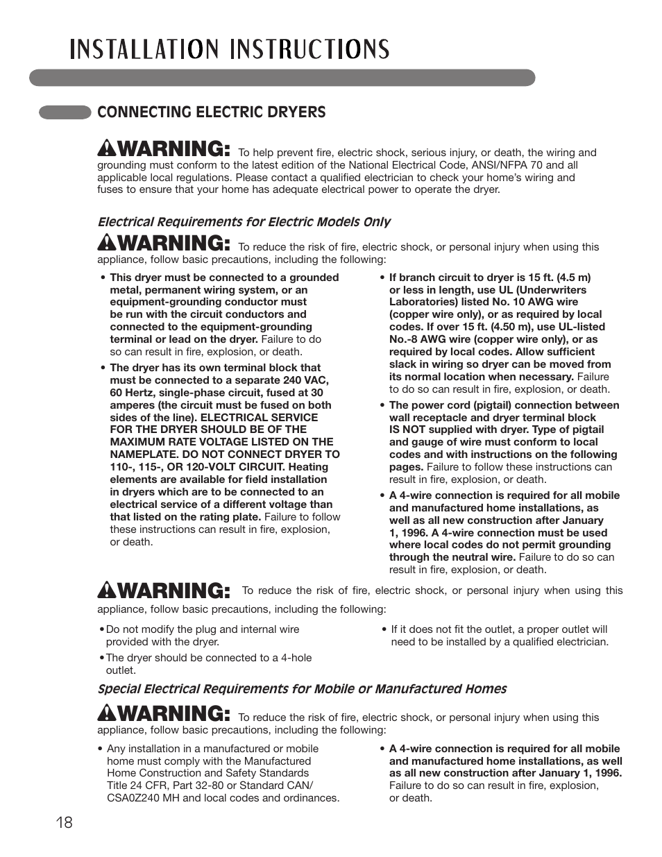 Wwarning, Connecting electric dryers | LG Dryer MFL62512805 User Manual | Page 18 / 41