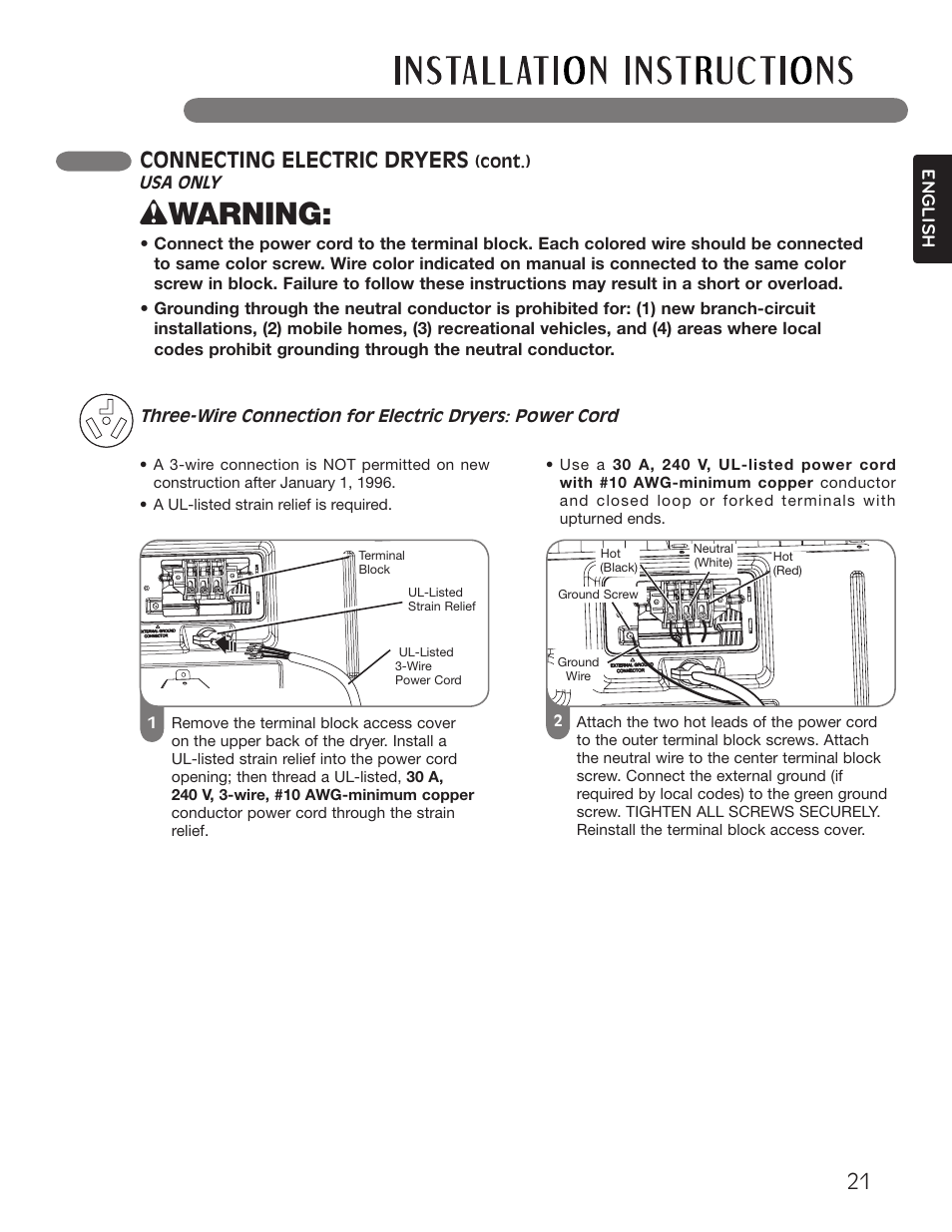 Wwarning, Connecting electric dryers | LG Dryer MFL62512805 User Manual | Page 21 / 41