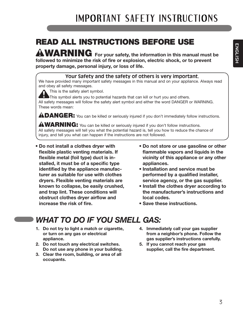 Read all instructions before use, What to do if you smell gas, Wdanger | Wwarning | LG Dryer MFL62512805 User Manual | Page 3 / 41