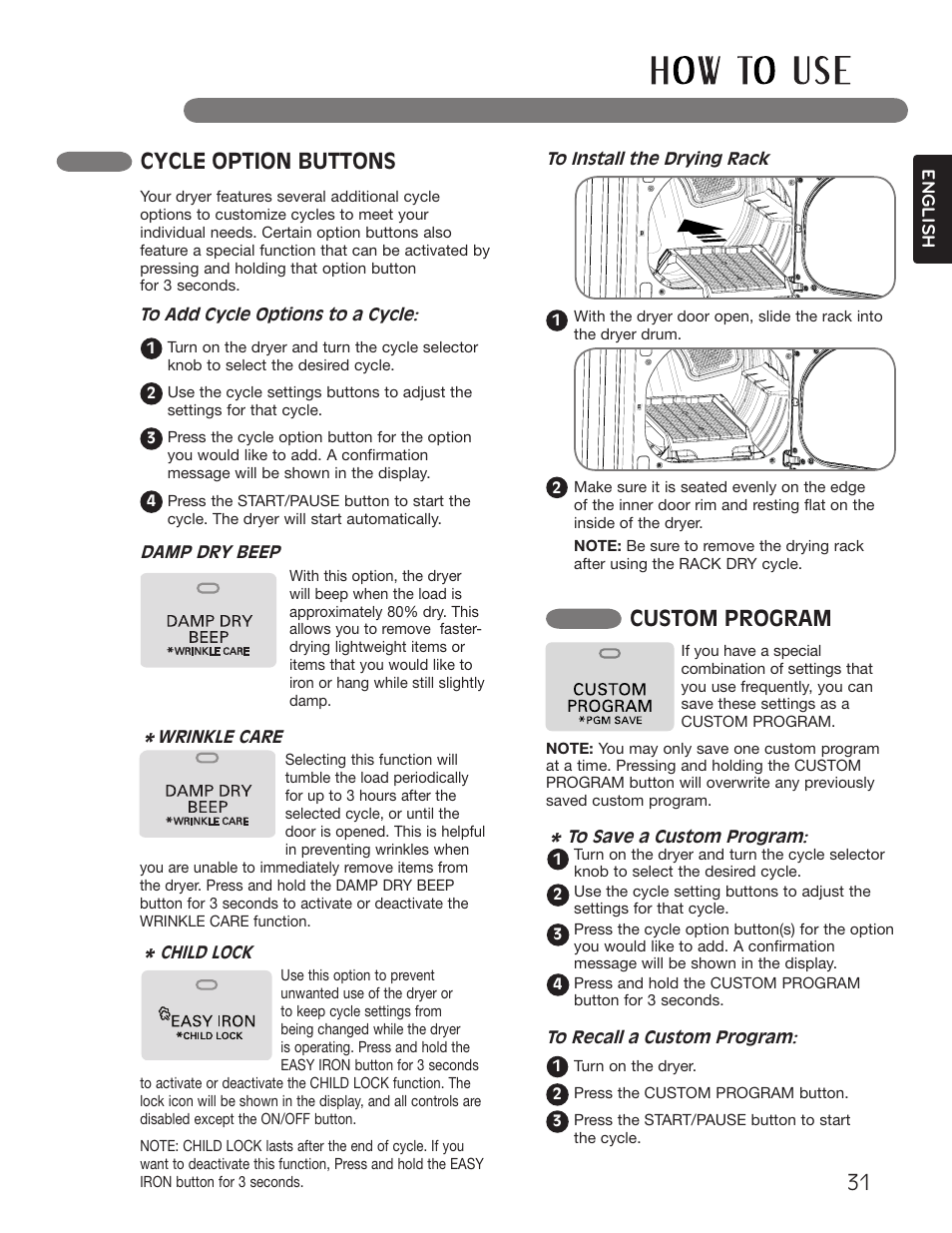 Cycle option buttons, Custom program | LG Dryer MFL62512805 User Manual | Page 31 / 41