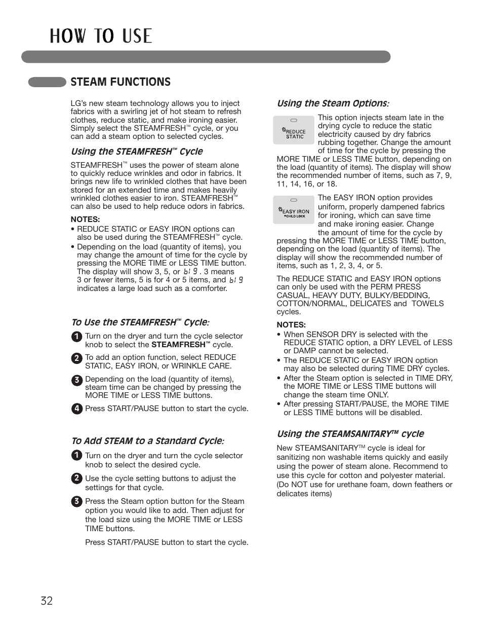 Steam functions | LG Dryer MFL62512805 User Manual | Page 32 / 41