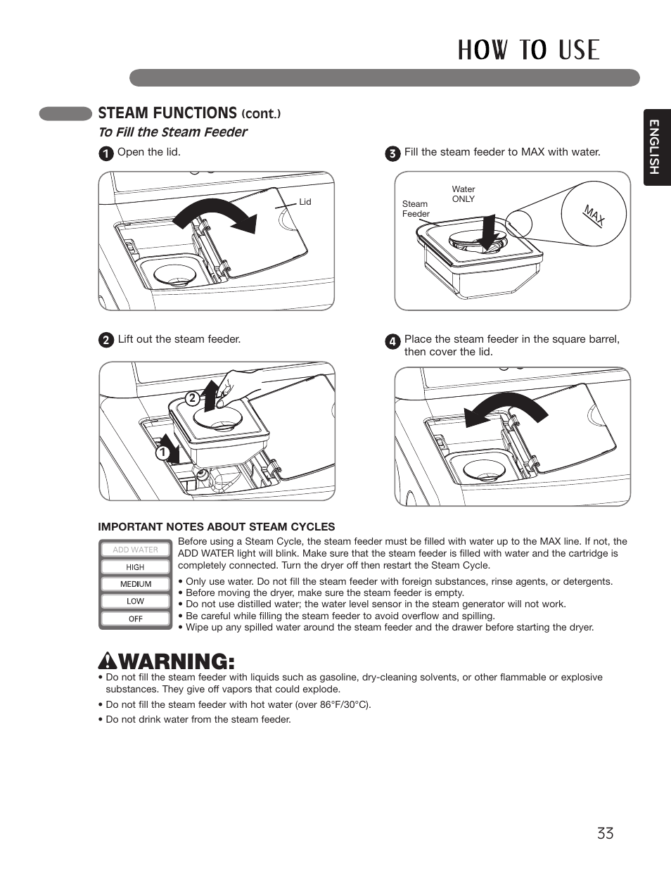 Wwarning, Steam functions | LG Dryer MFL62512805 User Manual | Page 33 / 41