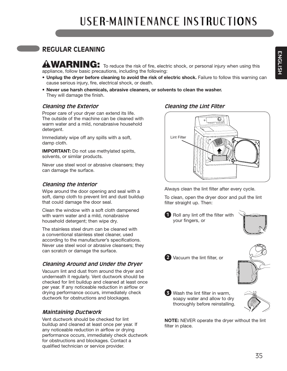 Wwarning, Regular cleaning | LG Dryer MFL62512805 User Manual | Page 35 / 41