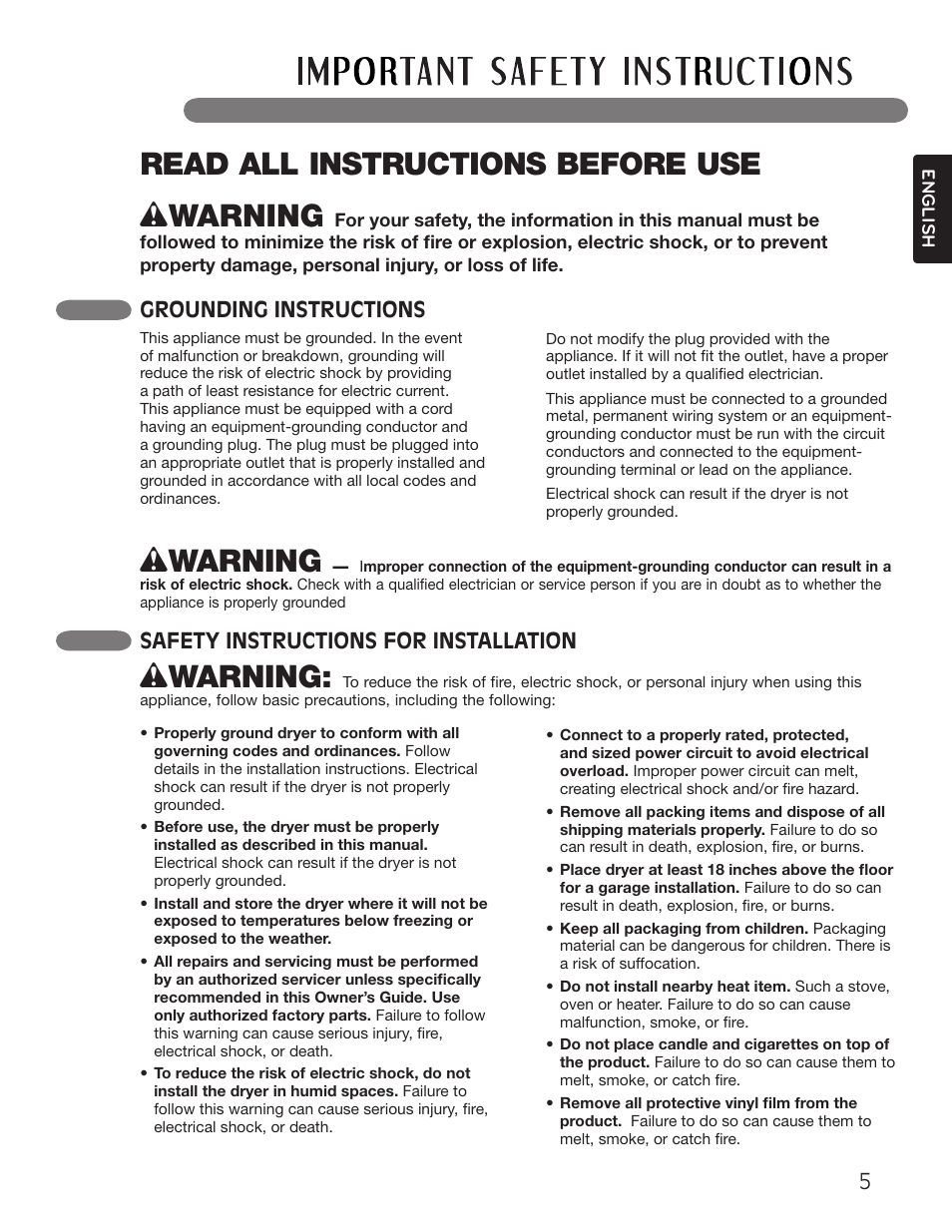 Read all instructions before use w warning, Wwarning, Grounding instructions | Safety instructions for installation | LG Dryer MFL62512805 User Manual | Page 5 / 41