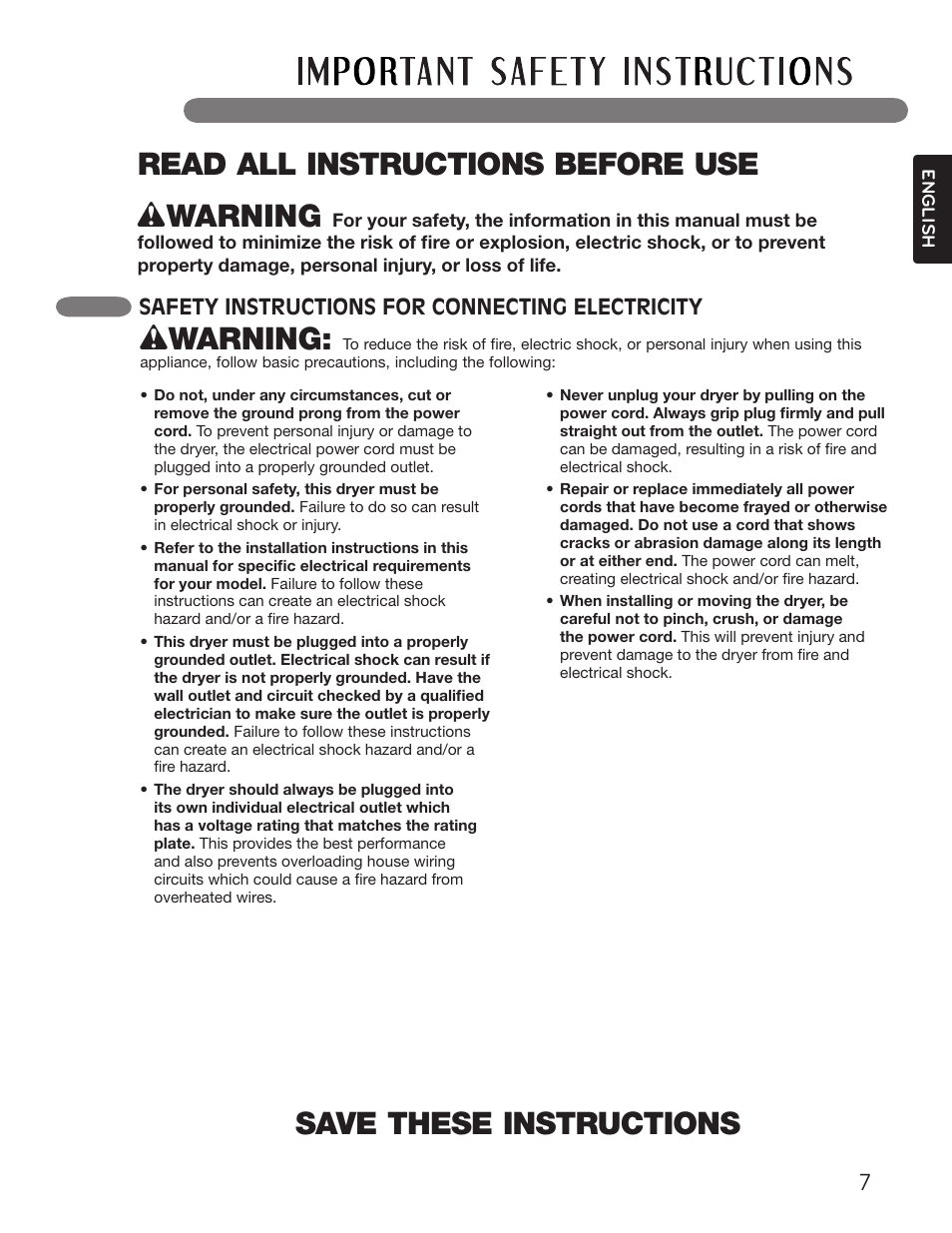 Save these instructions w warning, Read all instructions before use w warning, Safety instructions for connecting electricity | LG Dryer MFL62512805 User Manual | Page 7 / 41