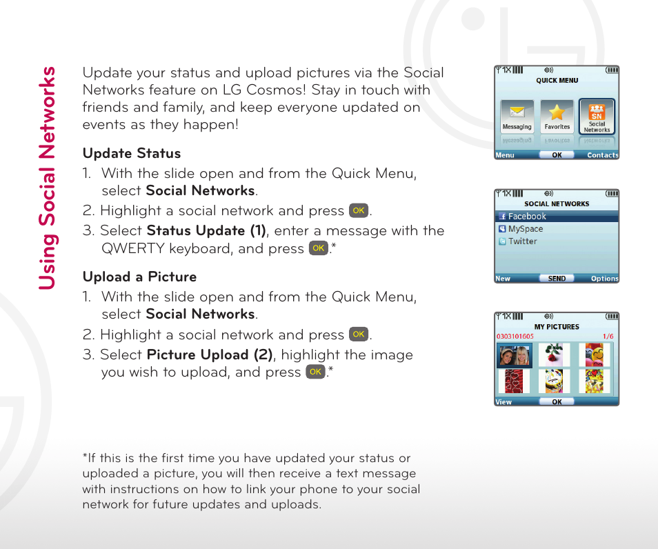 Usi ng s oc ia l n et w or ks | LG Cosmos User Manual | Page 4 / 8