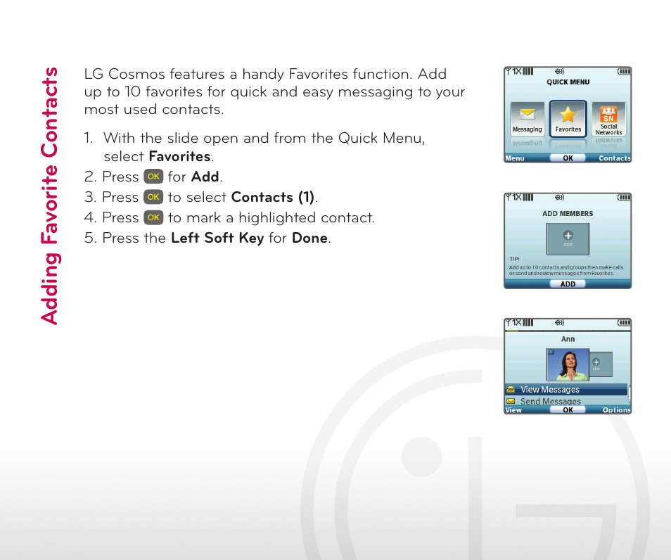 Add in g fa vo ri te c on ta ct s | LG Cosmos User Manual | Page 5 / 8