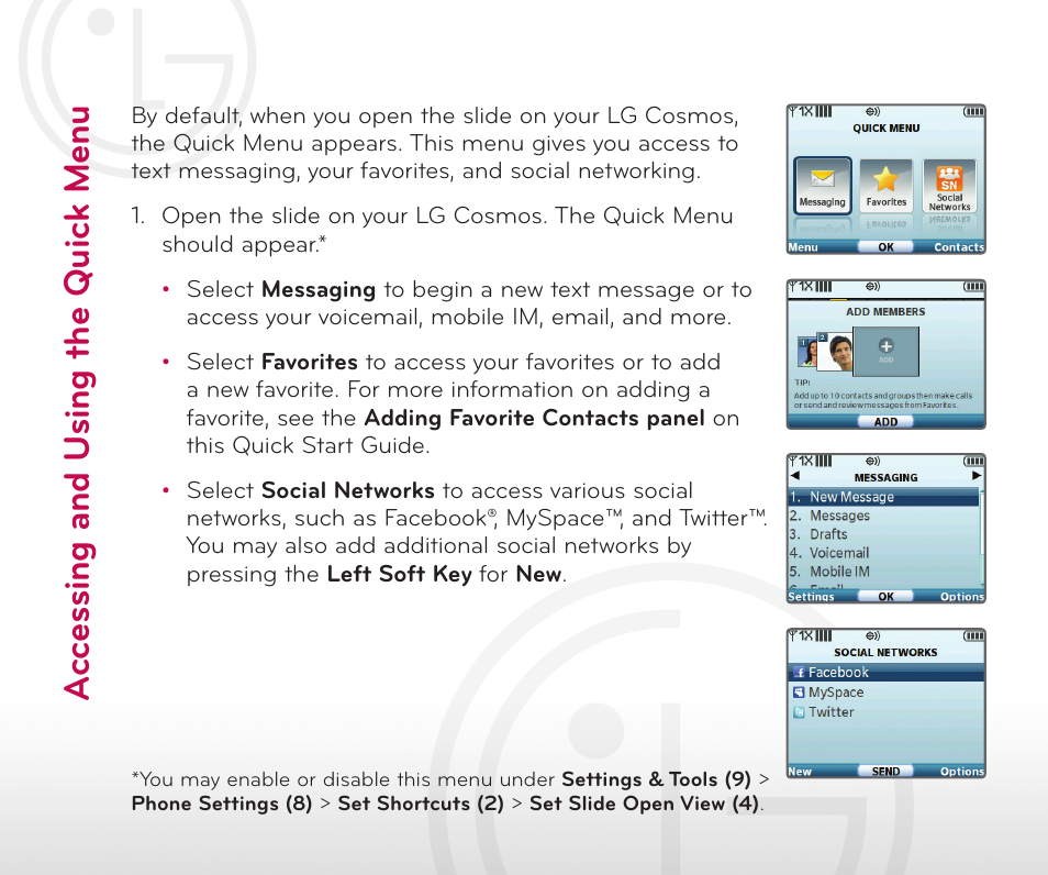 Acc es si ng a nd u si ng t he q ui ck m en u | LG Cosmos User Manual | Page 6 / 8