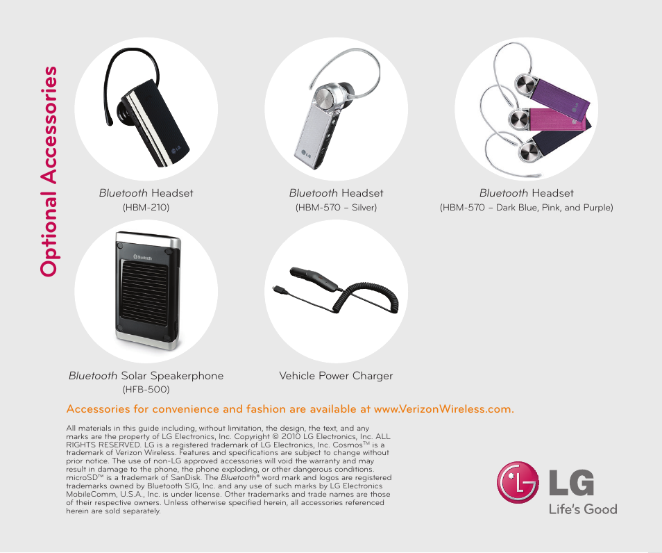 Opt io na l a cc es so ri es | LG Cosmos User Manual | Page 8 / 8