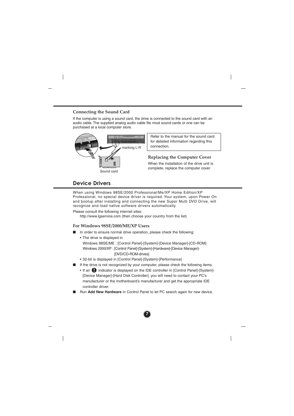 Device drivers, Connecting the sound card, Replacing the computer cover | LG GSA-4120B User Manual | Page 10 / 14